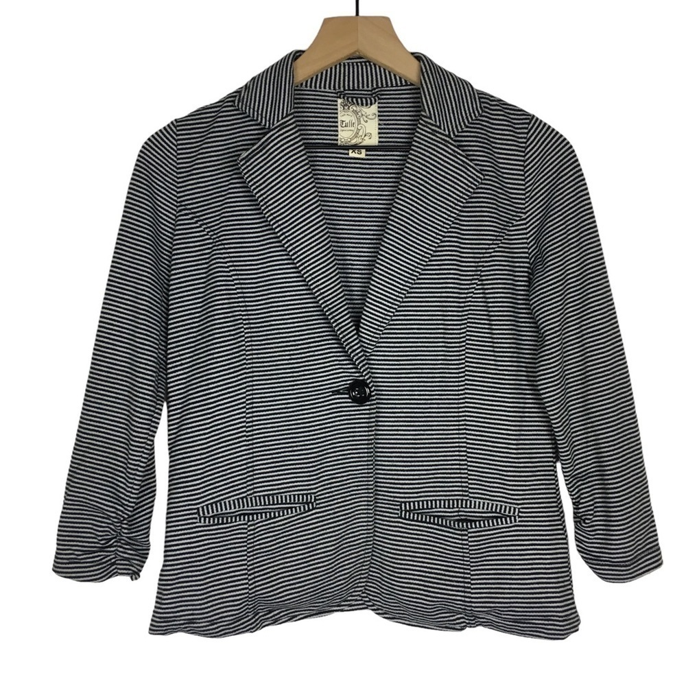TULLE Jacket Blazer Stripe 3/4 Ruched Sleeve Stretchy Minimalist Classic Size XS